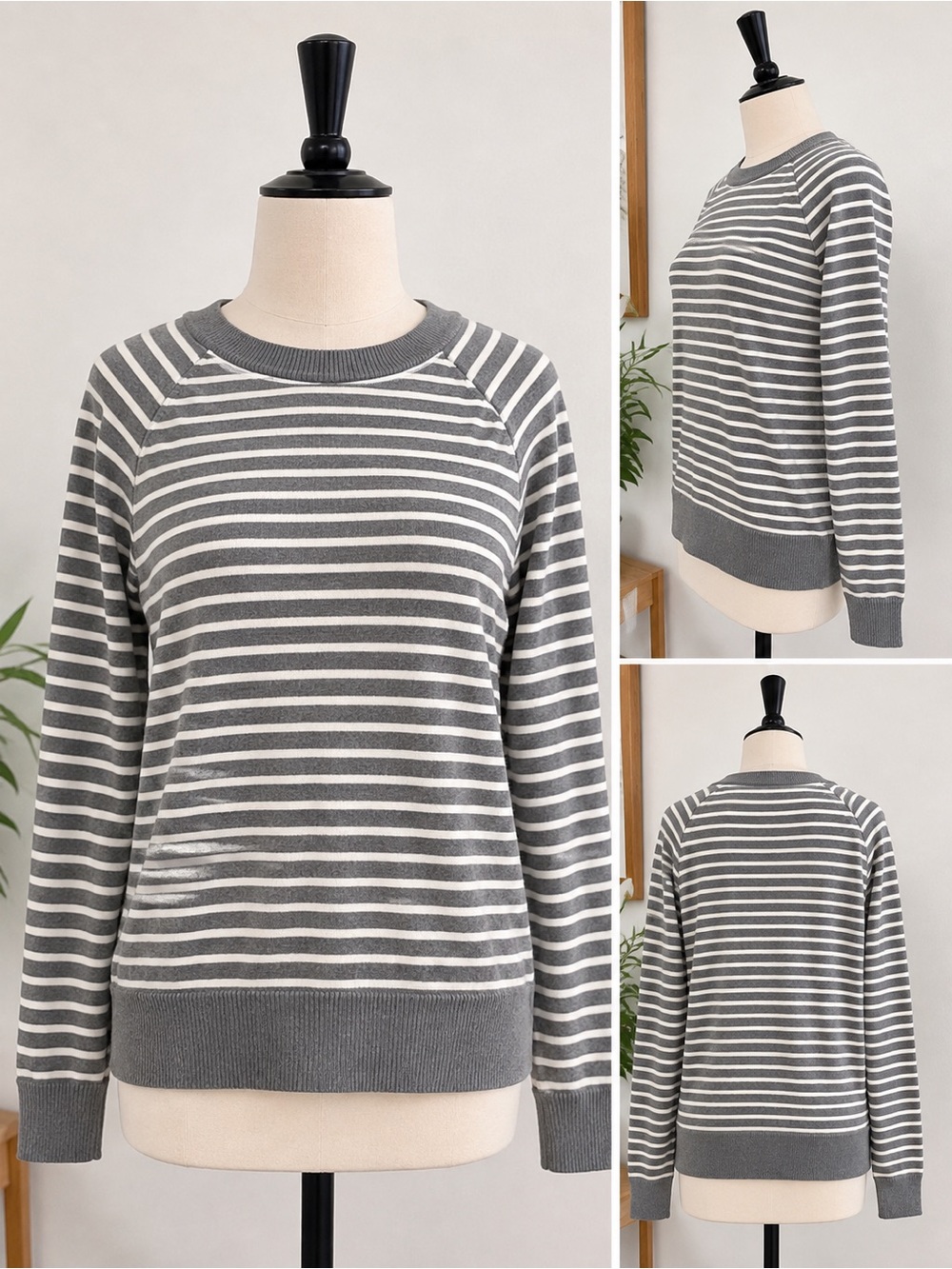 GAP Gray White Striped 100% Cotton Crewneck Sweater XL NWT Long Sleeve